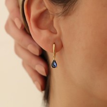 Nox Jewelry 14K Altın Kaplama Damla Kesim Safir Taşlı Sallantılı Halka Gümüş Küpe - ES00116