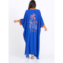 Keyifli Moda Kadın Saks Mavi Sırtı Palmiye Nakışlı Yarasa Kol Oversize Uzun Elbise