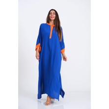 Keyifli Moda Kadın Saks Mavi Sırtı Palmiye Nakışlı Yarasa Kol Oversize Uzun Elbise