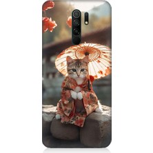Teknomeg Xiaomi Redmi 9 Uyumlu Geyşa Kıyafetli Kedi Desenli Silikon Kılıf