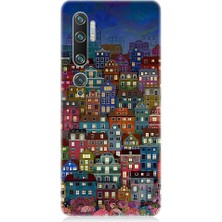 Teknomeg Xiaomi Mi Note 10 Uyumlu Minyatür Evler ve Gece Desenli Silikon Kılıf