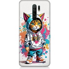 Teknomeg Xiaomi Redmi 9 Uyumlu Kapşonlu Sarmal Kedi Desenli Silikon Kılıf