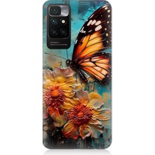 Teknomeg Xiaomi Redmi 10 Uyumlu Altın Kelebek ve Papatya Desenli Silikon Kılıf