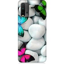 Teknomeg Xiaomi Redmi 9t Uyumlu Mavi Yeşil Pembe Kelebekler ve Beyaz Taşlar Desenli Silikon Kılıf