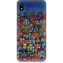 Teknomeg Xiaomi Redmi 7A Uyumlu Minyatür Evler ve Gece Desenli Silikon Kılıf
