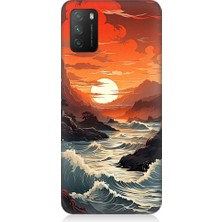 Teknomeg Xiaomi Poco M3 Uyumlu Deniz Dağ ve Gün Batımı Desenli Silikon Kılıf