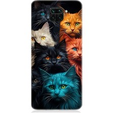 Teknomeg Xiaomi Redmi Note 9 Uyumlu Renkli Sevimli Kedi Yüzleri Desenli Silikon Kılıf