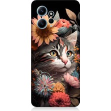 Teknomeg Xiaomi Redmi Note 12 Uyumlu Çiçekler ve Kül Gri Kedi Desenli Silikon Kılıf