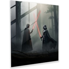 Painted Anarchy Contemporary Glass Print - Darth Vader And Luke Skywalker Duel In Foggy Forest - Glass Wall Art Decoration, 30X30