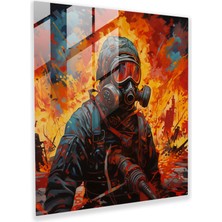 Painted Anarchy Expressionist Glass Print - Fiery Explosions With Gas Mask-Clad Soldier - High Quality Glass Wall Art For Bold Home Decoration, 30X30