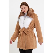 Nero Leather Fur Kamel Alkantara Kumaş Kadın Kaban Yaka Kürklü