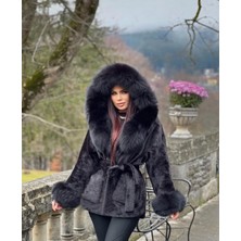 Nero Leather Fur Siyah Alkantara Kumaş Kapüşon ve Manşetler Siyah Tilki - K2005