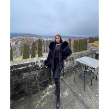 Nero Leather Fur Siyah Alkantara Kumaş Kapüşon ve Manşetler Siyah Tilki - K2005