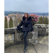 Nero Leather Fur Siyah Alkantara Kumaş Kapüşon ve Manşetler Siyah Tilki - K2005