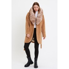 Nero Leather Fur Kamel Alkantara Kumaş Kadın Kaban Kapüşon Tilki Kürklü - Ovlkpş