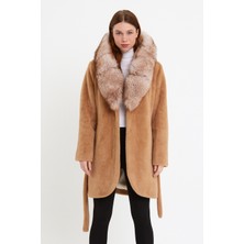Nero Leather Fur Kamel Alkantara Kumaş Kadın Kaban Kapüşon Tilki Kürklü - Ovlkpş