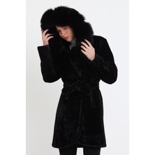Nero Leather Fur Siyah Alkantara Kumaş Kadın Kaban Kapüşon Tilki Kürklü - Ovlkpş