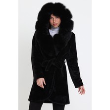 Nero Leather Fur Siyah Alkantara Kumaş Kadın Kaban Kapüşon Tilki Kürklü - Ovlkpş