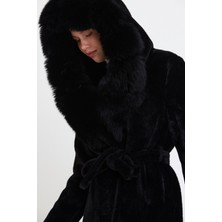 Nero Leather Fur Siyah Alkantara Kumaş Kadın Kaban Kapüşon Tilki Kürklü - Ovlkpş