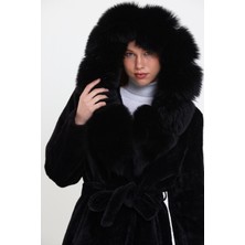Nero Leather Fur Siyah Alkantara Kumaş Kadın Kaban Kapüşon Tilki Kürklü - Ovlkpş