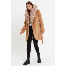Nero Leather Fur Kamel Alkantara Kumaş Kadın Kaban Kapüşon Tilki Kürklü - Ovlkpş