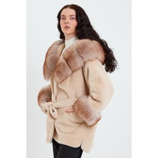 Nero Leather Fur Bej Alkantara Kumaş Kapüşon ve Manşetler Dispers Renk Tilki Kürkü - K2005