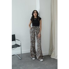 Havoş Bej Leopar Desenli Dökümlü Pantolon