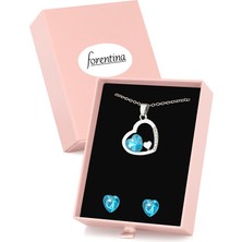 Forentina Gümüş Kaplama Turkuaz Taşlı Kalpli Kolye Küpe Pembe Kutuda Takı Seti PS3377