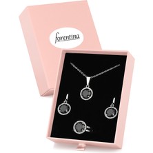 Forentina Gümüş Kaplama Siyah Yuvarlak Taşlı Kolye Küpe Yüzük Pembe Kutuda Hediye Takı Seti PS3380