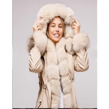 Nero Leather Fur Kadın Parka Su Geçirmez Kumaş (Bej Kumaş - Bej Tüy)