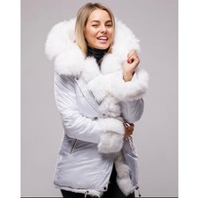 Nero Leather Fur Kadın Parka Su Geçirmez Kumaş (Beyaz Kumaş - Beyaz Tüy)