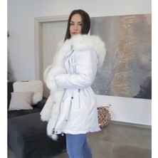 Nero Leather Fur Kadın Parka Su Geçirmez Kumaş (Beyaz Kumaş - Beyaz Tüy)