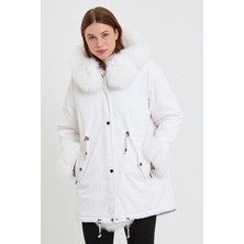 Nero Leather Fur Kadın Parka Su Geçirmez Kumaş (Beyaz Kumaş - Beyaz Tüy)