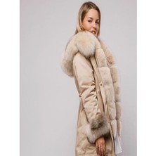 Nero Leather Fur Kadın Parka Su Geçirmez Kumaş (Bej Kumaş - Bej Tüy)