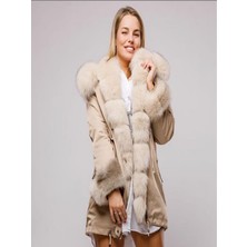 Nero Leather Fur Kadın Parka Su Geçirmez Kumaş (Bej Kumaş - Bej Tüy)