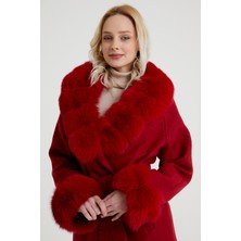 Nero Leather Fur Kırmızı Kadın Kaşe Kaban  Yaka ve Manşet Kürk HN01