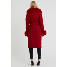 Nero Leather Fur Kırmızı Kadın Kaşe Kaban  Yaka ve Manşet Kürk HN01