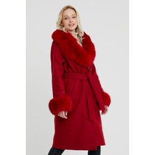 Nero Leather Fur Kırmızı Kadın Kaşe Kaban  Yaka ve Manşet Kürk HN01