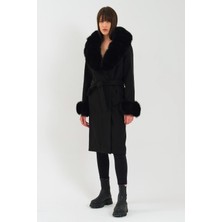 Nero Leather Fur Siyah Kadın Kaşe Kaban Yaka ve Manşet Kürk HN01