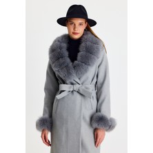Nero Leather Fur Gri Kadın Kaşe Kaban Yaka ve Manşet Kürk HN01