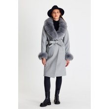 Nero Leather Fur Gri Kadın Kaşe Kaban Yaka ve Manşet Kürk HN01