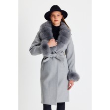 Nero Leather Fur Gri Kadın Kaşe Kaban Yaka ve Manşet Kürk HN01