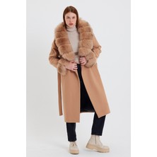 Nero Leather Fur Bej Kadın Kaşe Kaban Yaka ve Manşet Kürk HN01