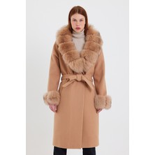 Nero Leather Fur Bej Kadın Kaşe Kaban Yaka ve Manşet Kürk HN01