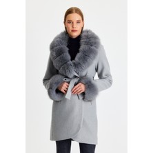 Nero Leather Fur Gri Kadın Kaşe Kaban Yaka ve Manşet Kürk Ovl