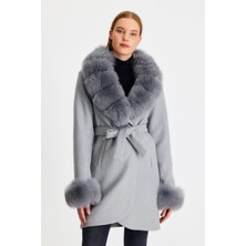 Nero Leather Fur Gri Kadın Kaşe Kaban Yaka ve Manşet Kürk Ovl