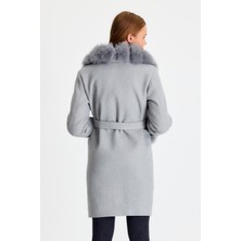 Nero Leather Fur Gri Kadın Kaşe Kaban Yaka ve Manşet Kürk Ovl