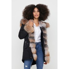 Nero Leather Fur Kadın Parka Su Geçirmez Kumaş (Siyah Kumaş - Otoban Tüy)