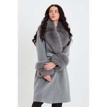 Nero Leather Fur Gri Kadın Kaşe Kaban Yaka ve Manşet Kürk Mdl1