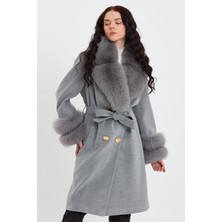 Nero Leather Fur Gri Kadın Kaşe Kaban Yaka ve Manşet Kürk Mdl1